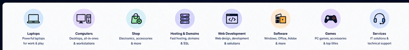Laptops, computers, shop, hosting, web development, software, games and services